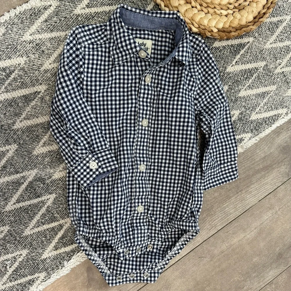 Oshkosh B’Gosh Baby Boy Navy White Gingham Checkered Button-Front Bodysuit